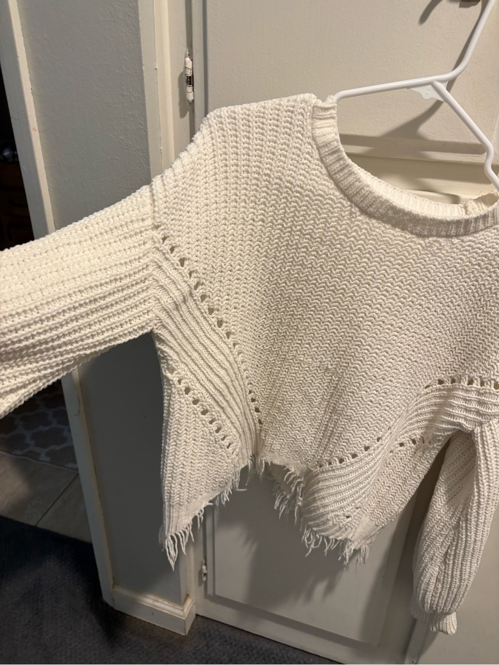 Cropped Cream Crewneck Sweater with Fringe Hem